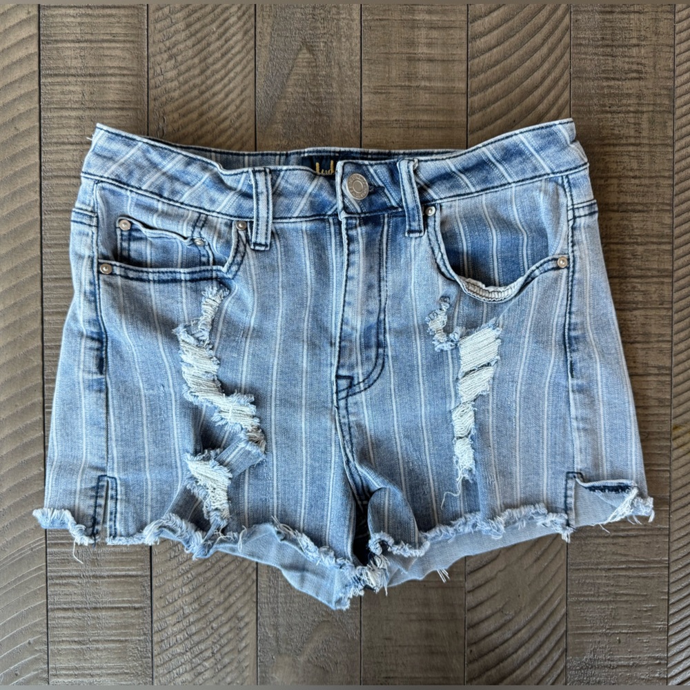 Indigo Rein Striped Blue Deconstructed Jean Shorts Juniors Size 7/27
